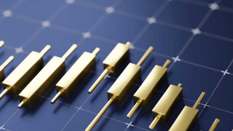 Golden Stock Candle Bars On Dark Navy Background With A Grid Pattern